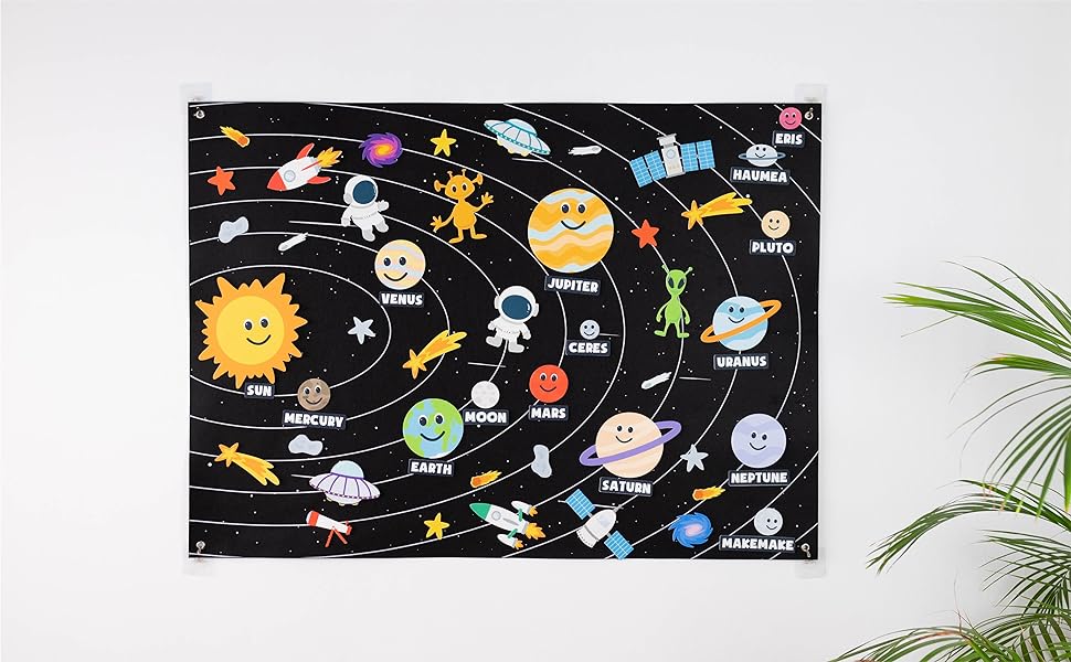 Juego del sistema solar con planetas, sol, luna, cohetes, estrellas