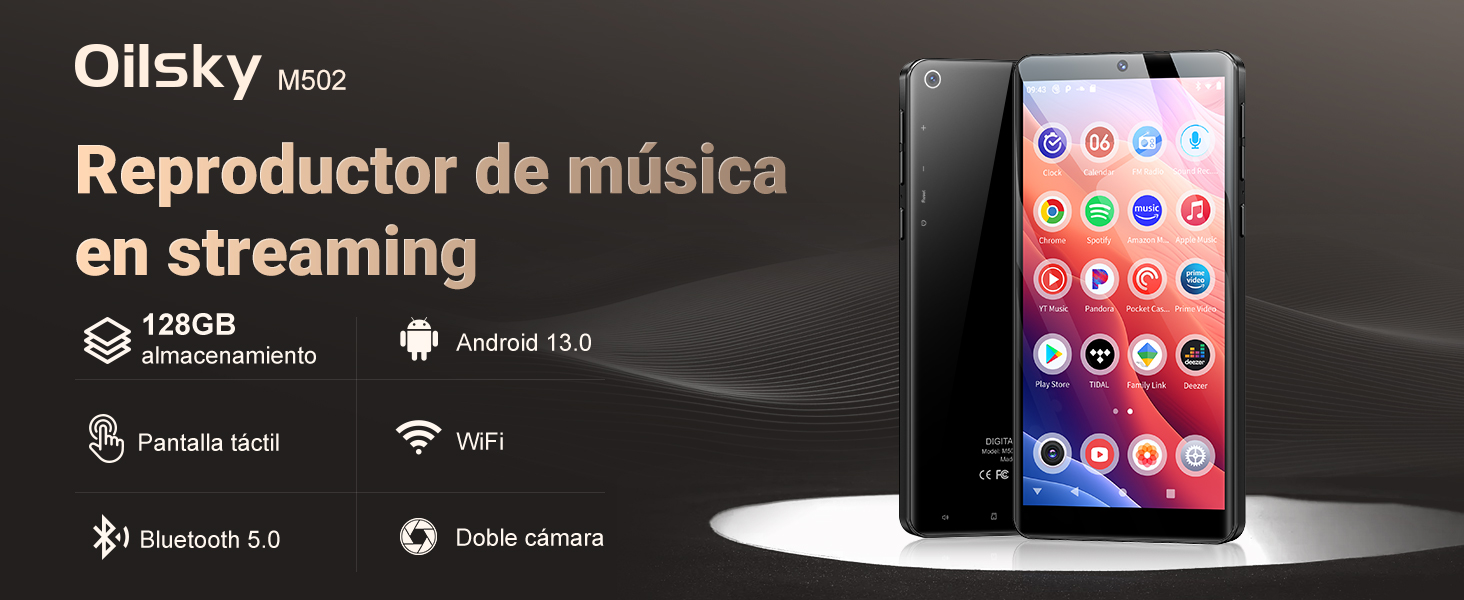 El texto dice «Imagen 6» y «Reproductor de música en streaming» y «Oilsky». Anuncio de producto que muestra un smartphone con una colorida interfaz de aplicación.