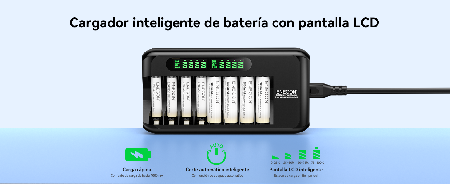 El texto dice «Cargador inteligente de batería con pantalla LCD». Muestra un dispositivo cargador de batería negro con 8 ranuras de carga e indicadores de pantalla LCD.
