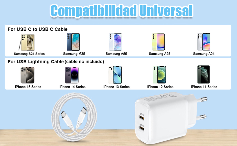 Doble 25W Cargador USB C y 1.8M Cable USB C a USB C