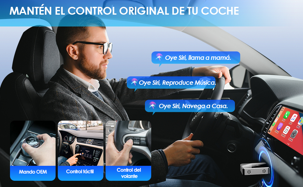 Interior de un automóvil con el conductor que usa comandos de voz para controlarlo con manos libres. Las pantallas del tablero muestran las opciones de llamadas, música y navegación. Las inserciones resaltan los controles del volante y el sistema de información y entretenimiento