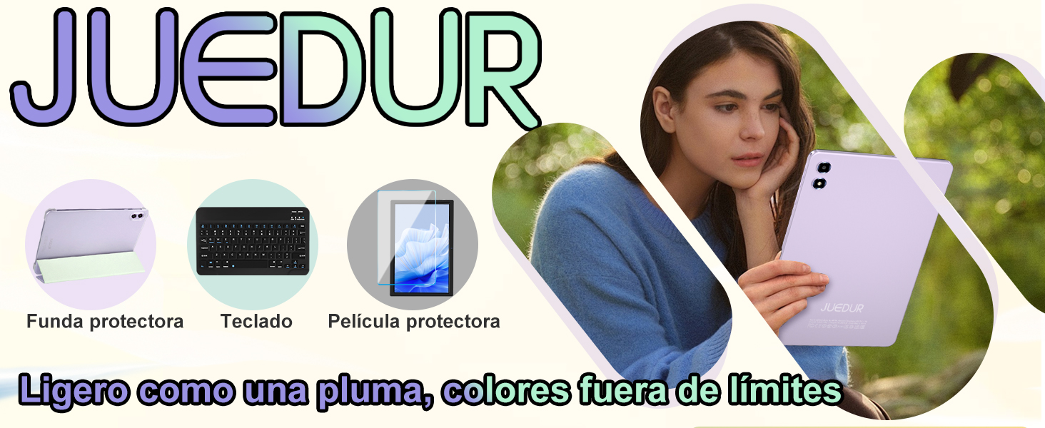 Anuncio que muestra el texto «JUEDUR» con iconos de dispositivos electrónicos y texto en español a continuación.