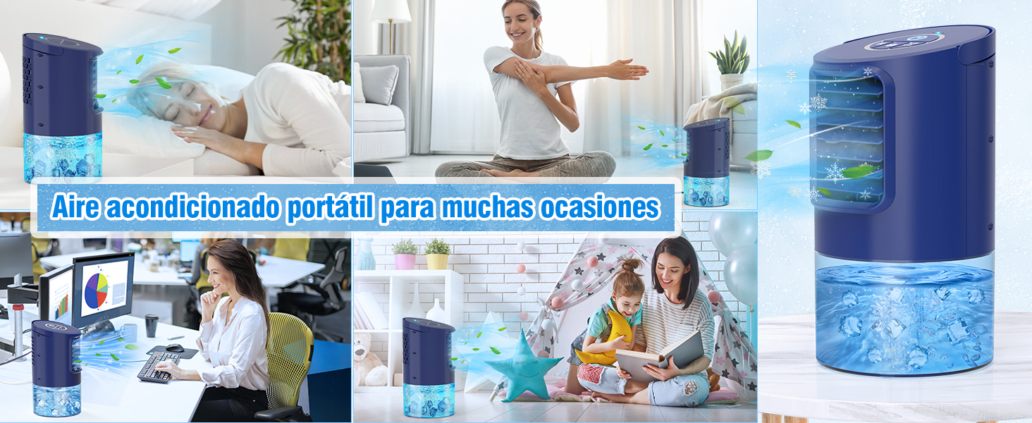 Aire acondicionado portátil 5 en 1 azul con refrigeración, ventilador y humidificador
