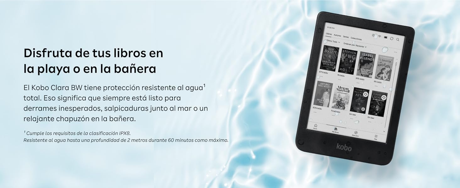 se muestra sobre el fondo del agua de la piscina, con texto en español sobre cómo disfrutar de libros junto a la piscina