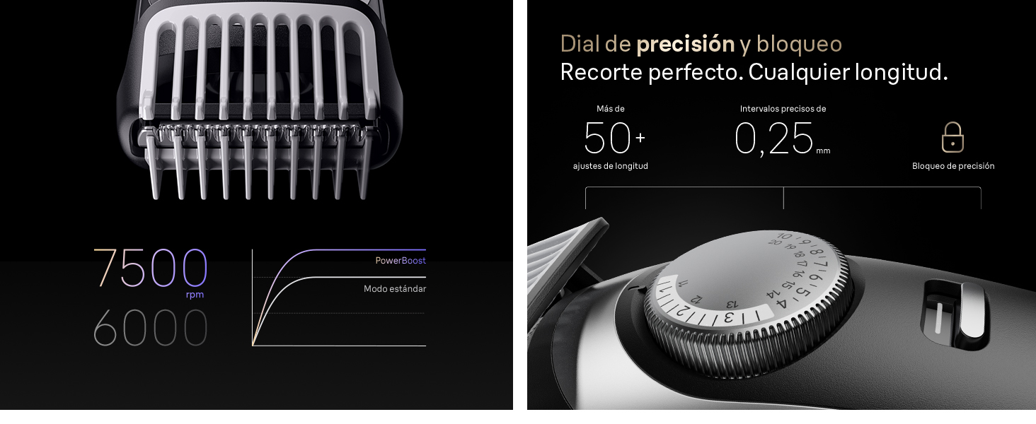 Primer plano del peine y bloqueo del dial de precisión con más de 50 longitudes.
