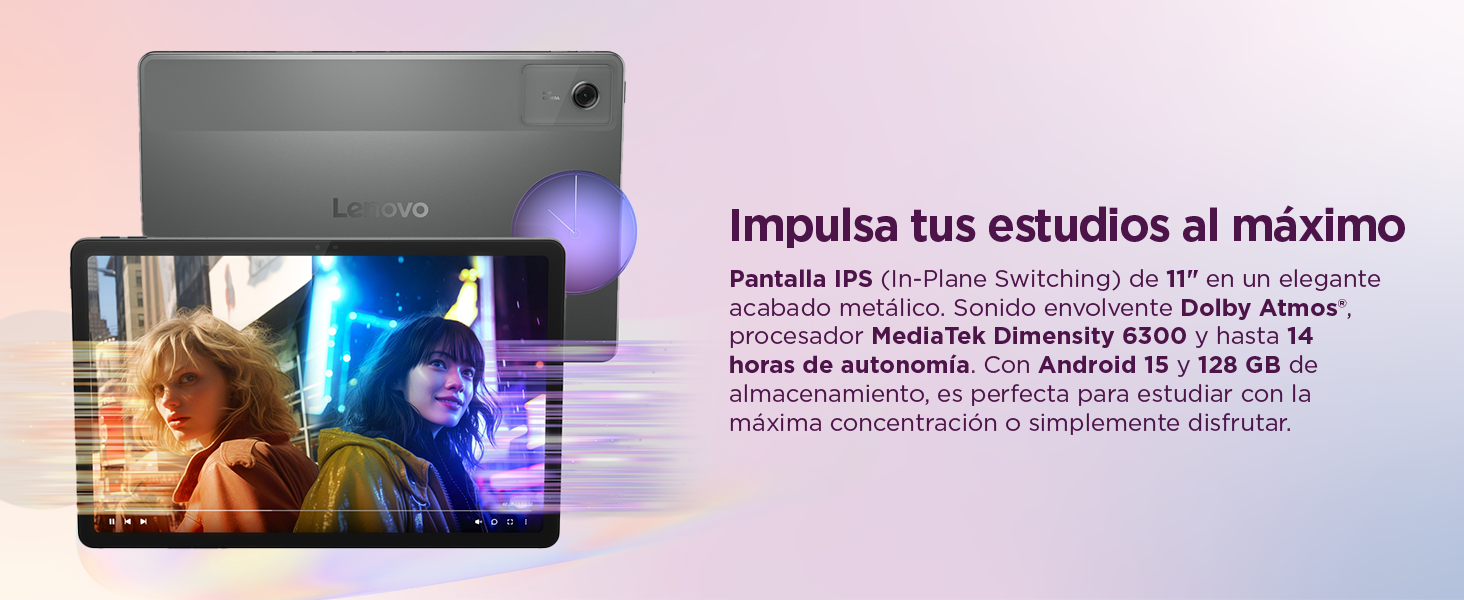 El texto dice «Impulsa tus estudios al máximo». Anuncio del producto que muestra un dispositivo electrónico con fondo rosa degradado y especificaciones técnicas.