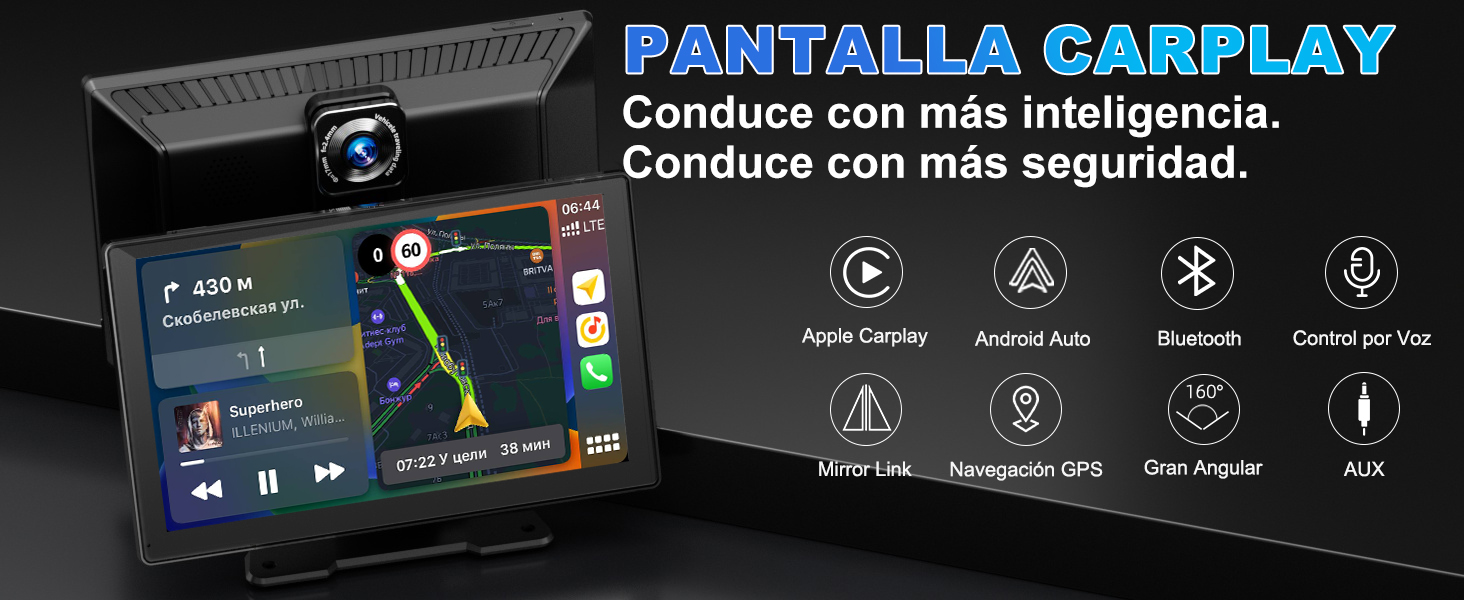 El texto dice «PANTALLA CARPLAY» seguido de la pantalla de la interfaz que muestra los iconos de navegación para el teléfono, la música, los mapas, los mensajes y los ajustes en un diseño azul y blanco.