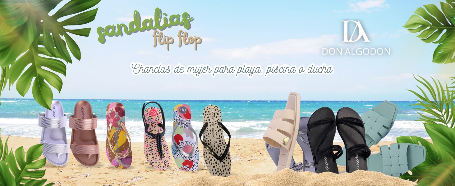 Chanclas Don Algodon para mujer sobre fondo veraniego