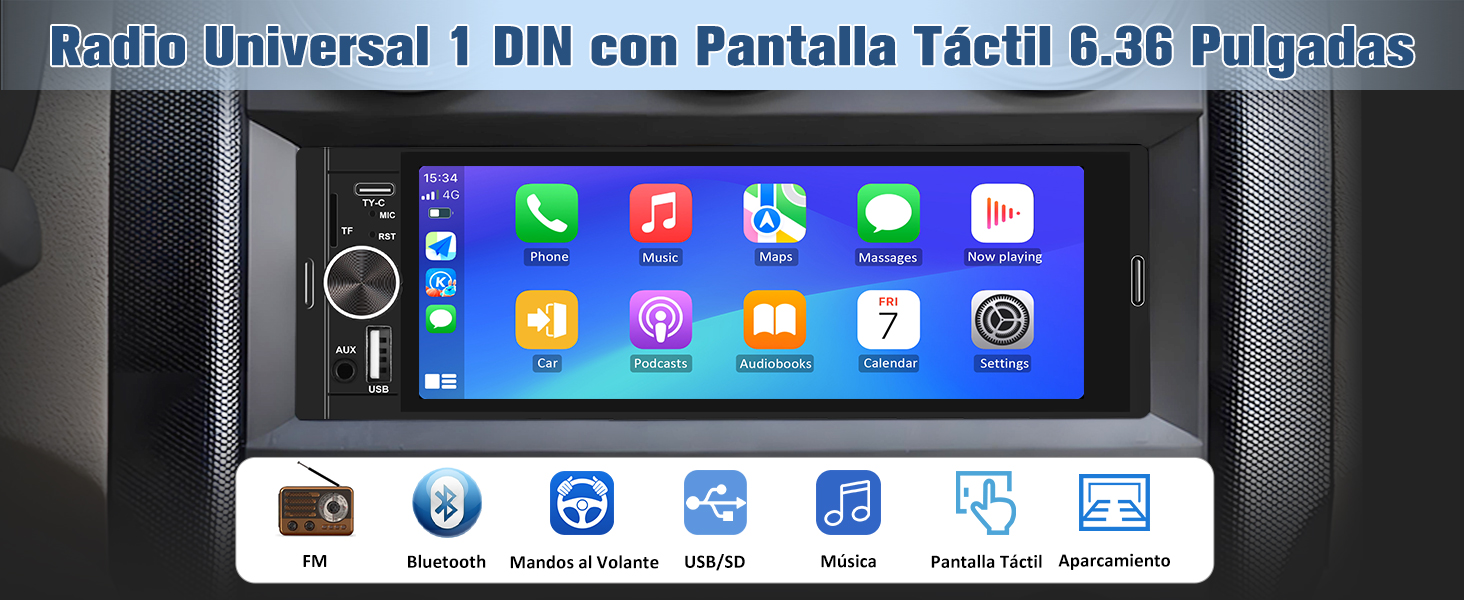 con pantalla táctil de 6,36 pulgadas, que muestra coloridos iconos de aplicaciones. Las características incluyen funciones de Bluetooth, USB y radio. El texto indica que es una radio universal de 1 DIN.