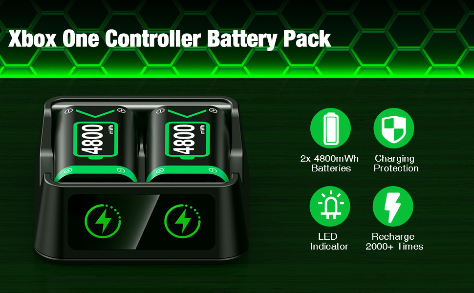para mando Xbox One con dos ranuras de carga, indicadores LED e íconos para la duración de la batería, la protección de carga y el tiempo de recarga.