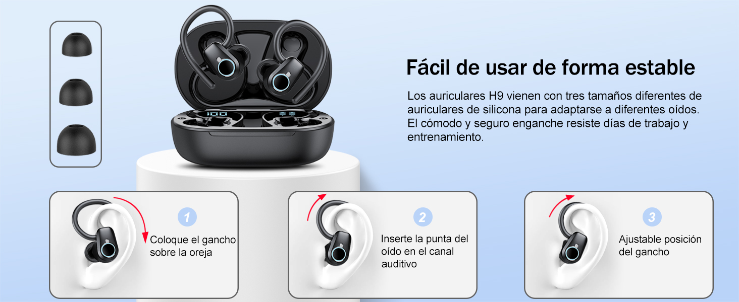 con funda de carga. Tres paneles muestran el uso: insertar el auricular, ajustar el ajuste y llevarlo cómodamente