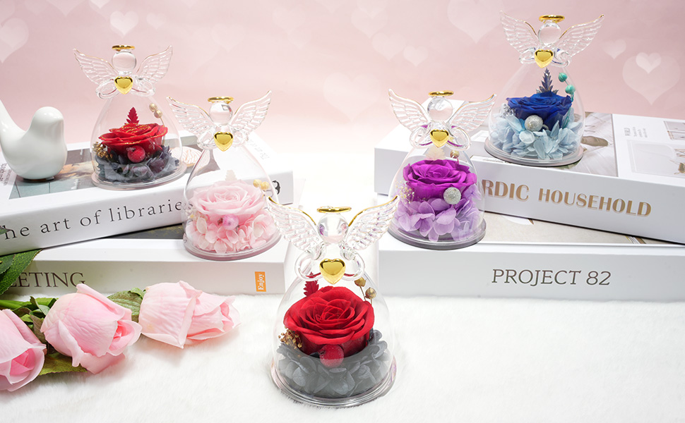 Sunia Rosa Eterna Ángel, Regalo Dia de la Madre, Flores Preservadas en Angels Figurines