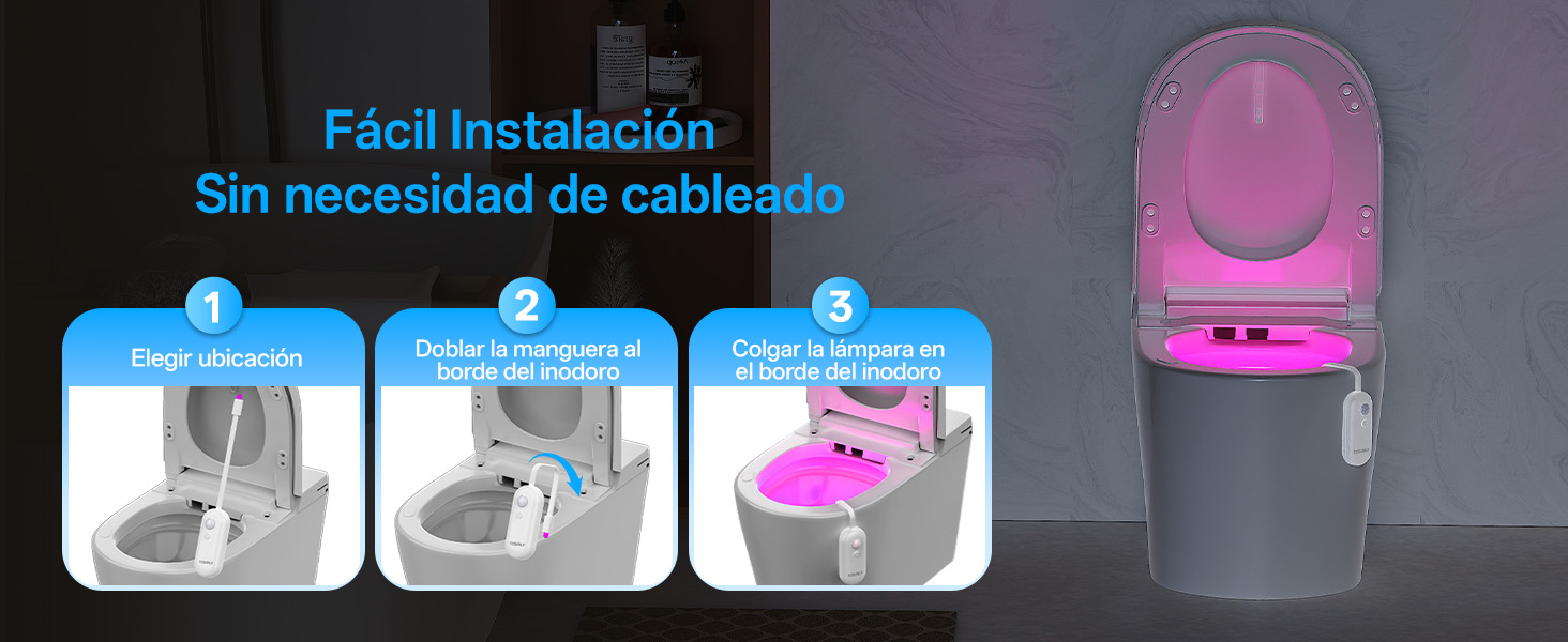 El texto dice «Fácil instalación» que muestra iconos del proceso de instalación en tres pasos, con un accesorio de baño rosa montado en la pared.