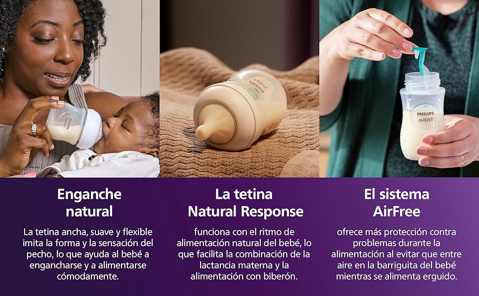 Pantalla informativa de tres paneles que muestra escenas de alimentación y preparación de alimentos en marcos de color púrpura con subtítulos en español.