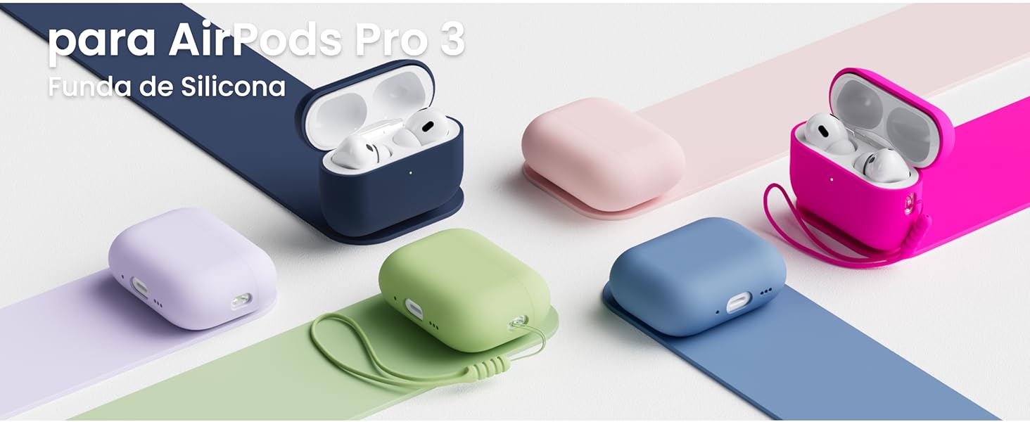 Colección de fundas protectoras de silicona que se muestran en varios colores, incluidos azul marino, rosa, verde y gris, dispuestas en fila sobre un fondo blanco.