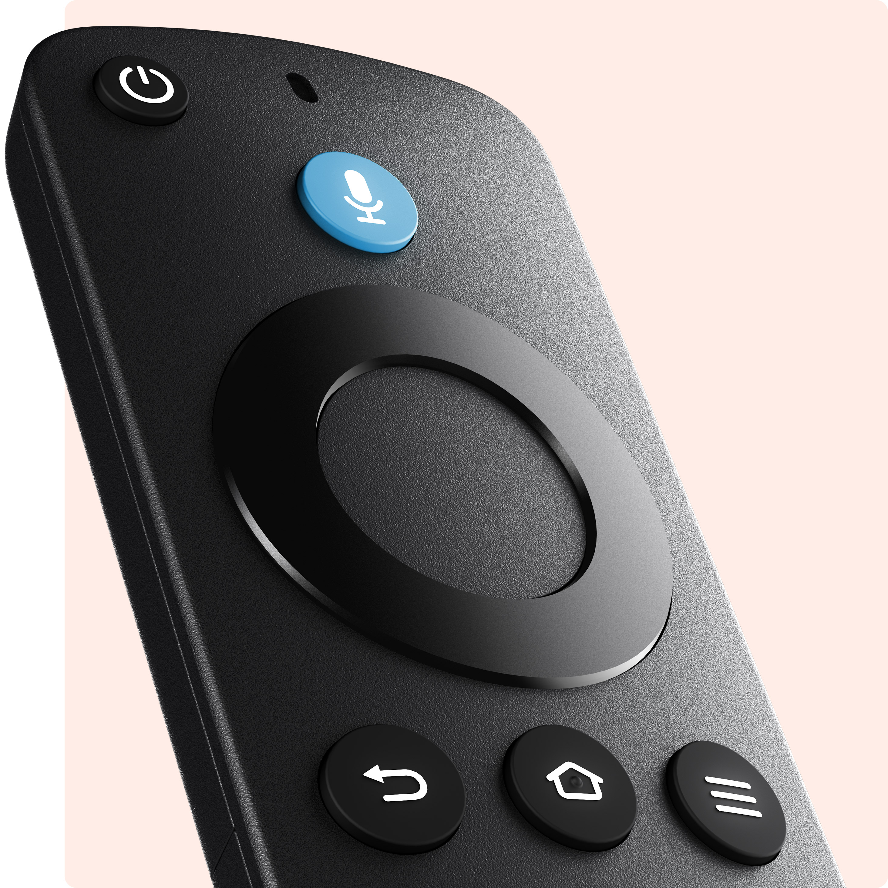 Primer plano del mando por voz Alexa: tiene un botón de encendido arriba a la izquierda, el botón de voz, arriba al centro, y el anillo de navegación.