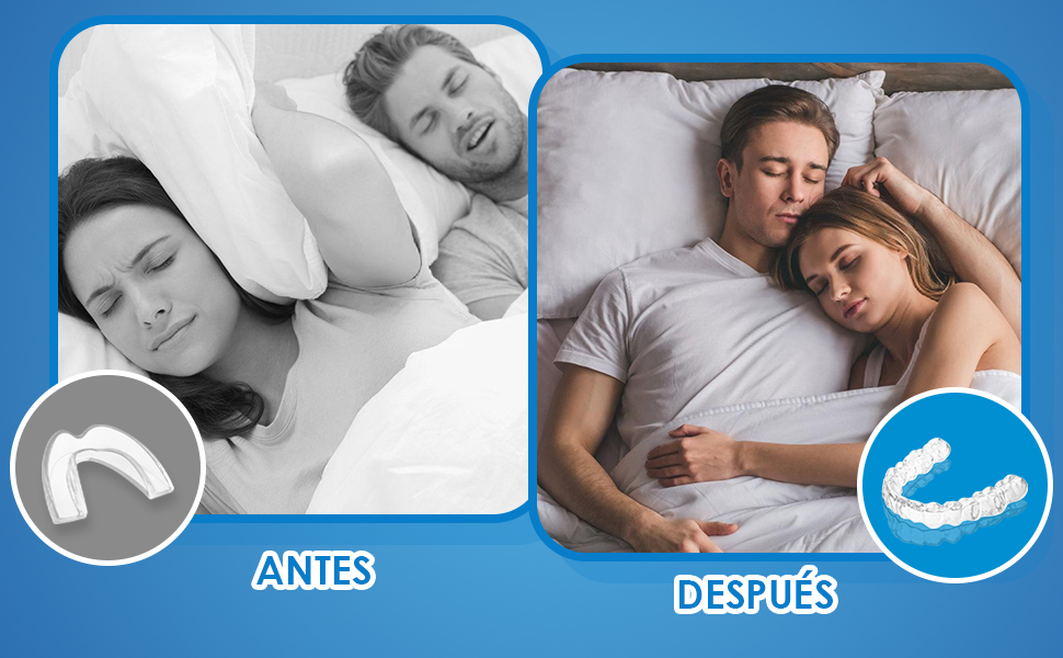 El texto dice: «ANTES» y «DESPUÉS». Comparación del antes y el después que muestra las posiciones para dormir con almohadas especiales, resaltadas con iconos circulares en las esquinas.