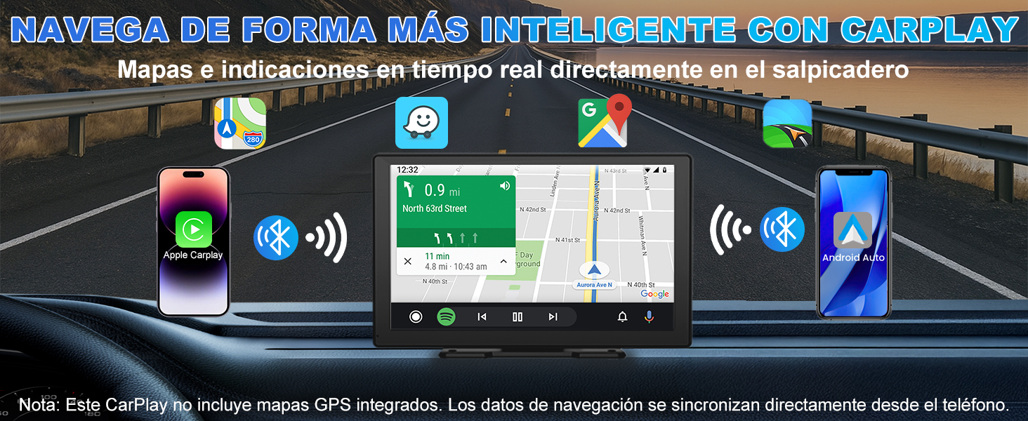 La pantalla del salpicadero del automóvil muestra la interfaz de navegación con varios iconos, símbolos inalámbricos e indicadores de estado en colores verde y azul.