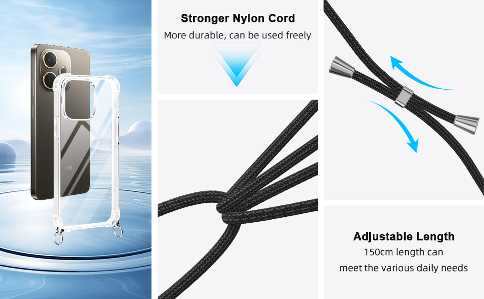 El texto dice «Cable de nailon más fuerte» y «Longitud ajustable». Imagen dividida que muestra la funda del smartphone y el detalle del cable negro con flechas azules que indican la funcionalidad ajustable.