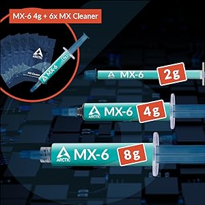 Arctic MX-6 en tamaños de 2, 4 g y 8 g. El paquete incluye MX Cleaner. El primer plano muestra la consistencia de la pasta.