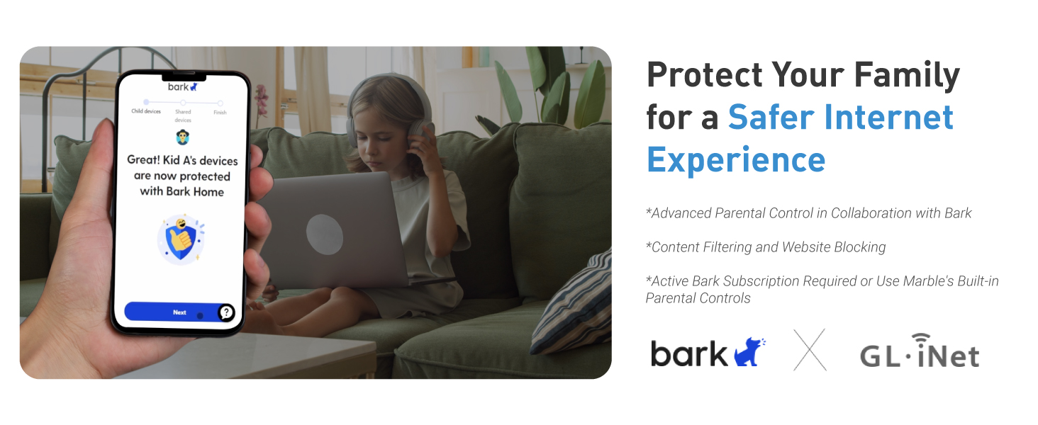 Smartphone que muestra una interfaz de aplicación VPN con selección de ubicación. El texto promueve una experiencia de Internet más segura. Se ven los logotipos de Bark y Glinet.