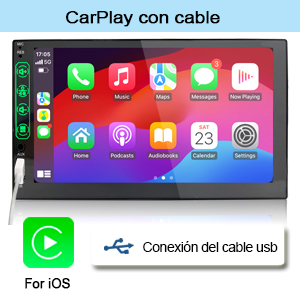 Sistema de información y entretenimiento para automóviles que muestra la interfaz de CarPlay con coloridos iconos de aplicaciones. Muestra la opción de conexión por cable USB para dispositivos iOS
