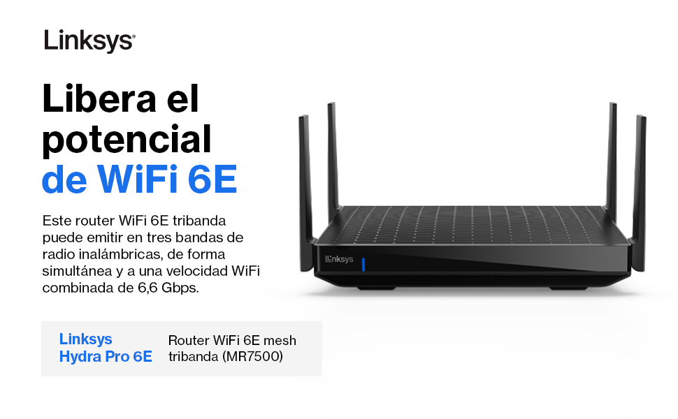 Router Linksys sobre un fondo blanco. Características: teletrabajo, velocidad WiFi 6, cobertura.