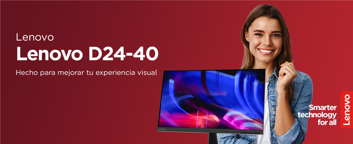 Fotografia Monitor Lenovo D24-40 frontal con usuaria sonriendo