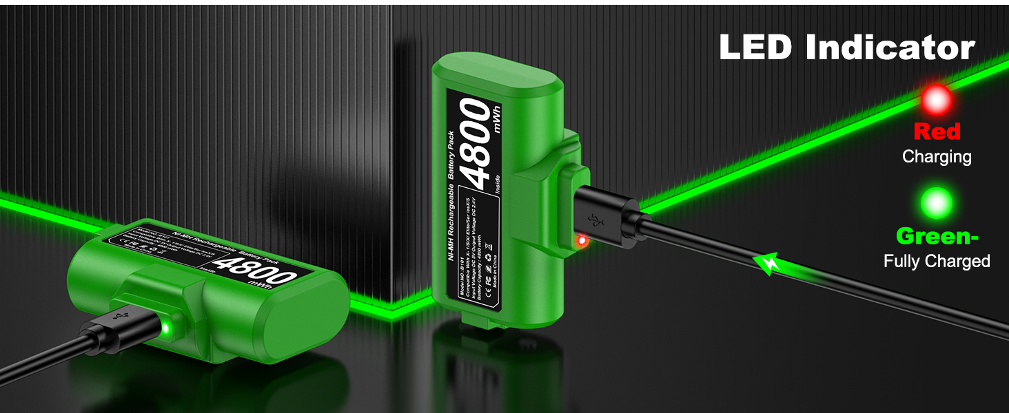 Sistema de carga de baterías verde con indicador LED que muestra el estado de carga a través de una visualización verde similar a un láser