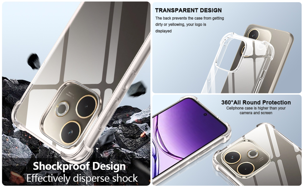 El texto dice «Diseño transparente» y «Diseño a prueba de golpes». Demostración de la funda para teléfono con características transparentes y protectoras.