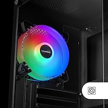 Ventilador de refrigeración RGB para computadora que muestra vibrantes efectos de iluminación de arcoíris. Varias vistas muestran los patrones de iluminación del ventilador en colores morado, azul, rojo y verde.