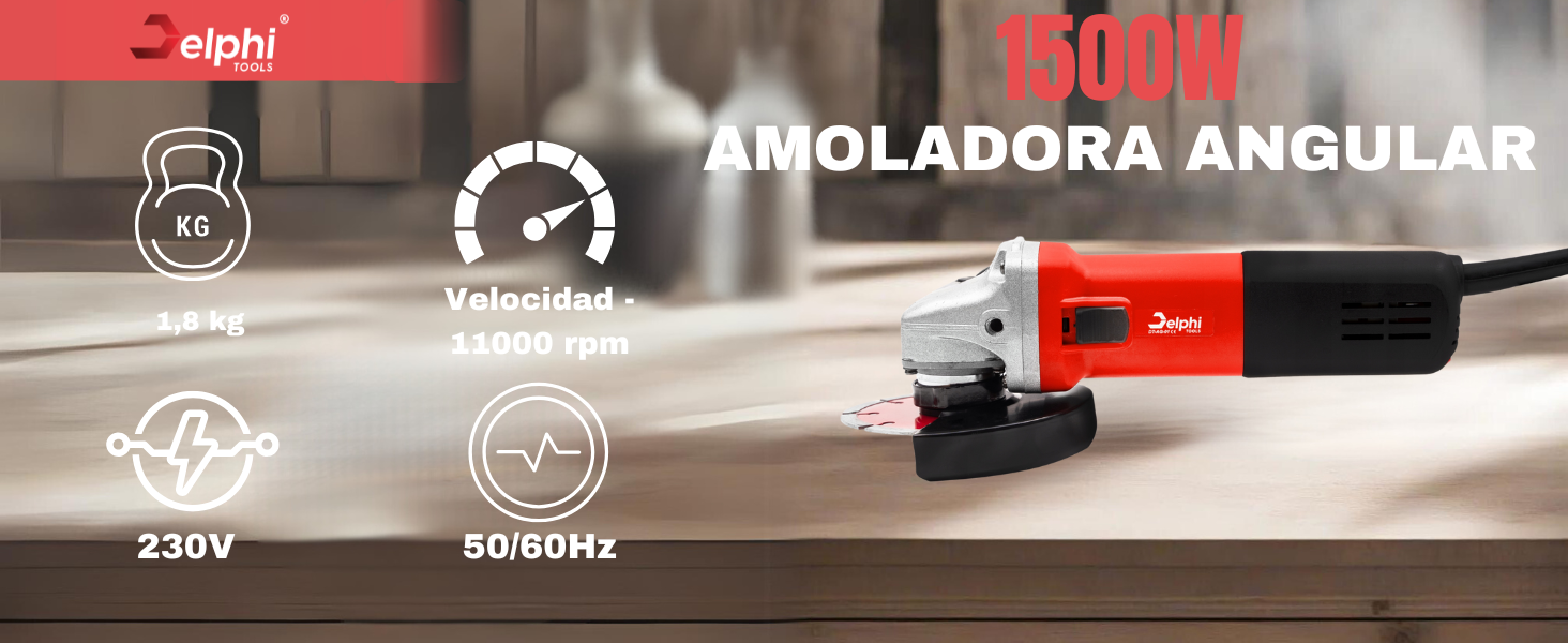 Amoladora angular 230V con control de velocidad y discos de corte