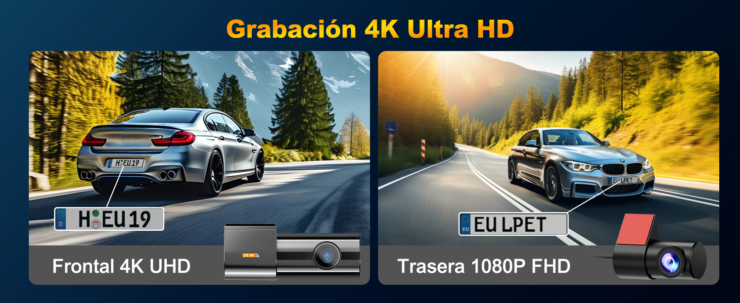 de cámara de salpicadero de coche con doble cámara. La cámara frontal graba en 4K UHD, la cámara trasera en 1080P FHD. Muestra una vista en pantalla dividida del automóvil en