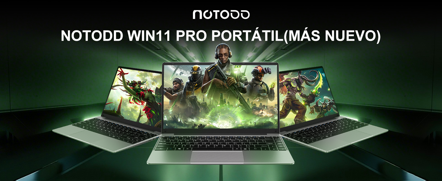 El texto dice «NOTODO WIN41 PRO PORTATIL (MÁS NUEVO)». Imagen promocional de estilo juego oscuro que muestra un portátil con efectos de iluminación verde.