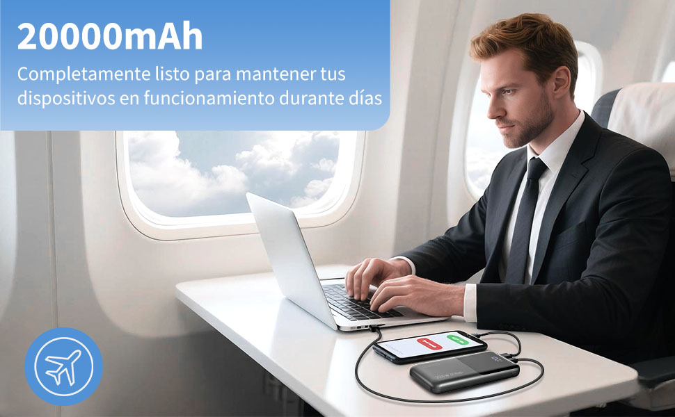 El texto dice «20000 mAh». Serie de imágenes que muestran un dispositivo de carga inalámbrica que se utiliza con dispositivos móviles en entornos de oficina.