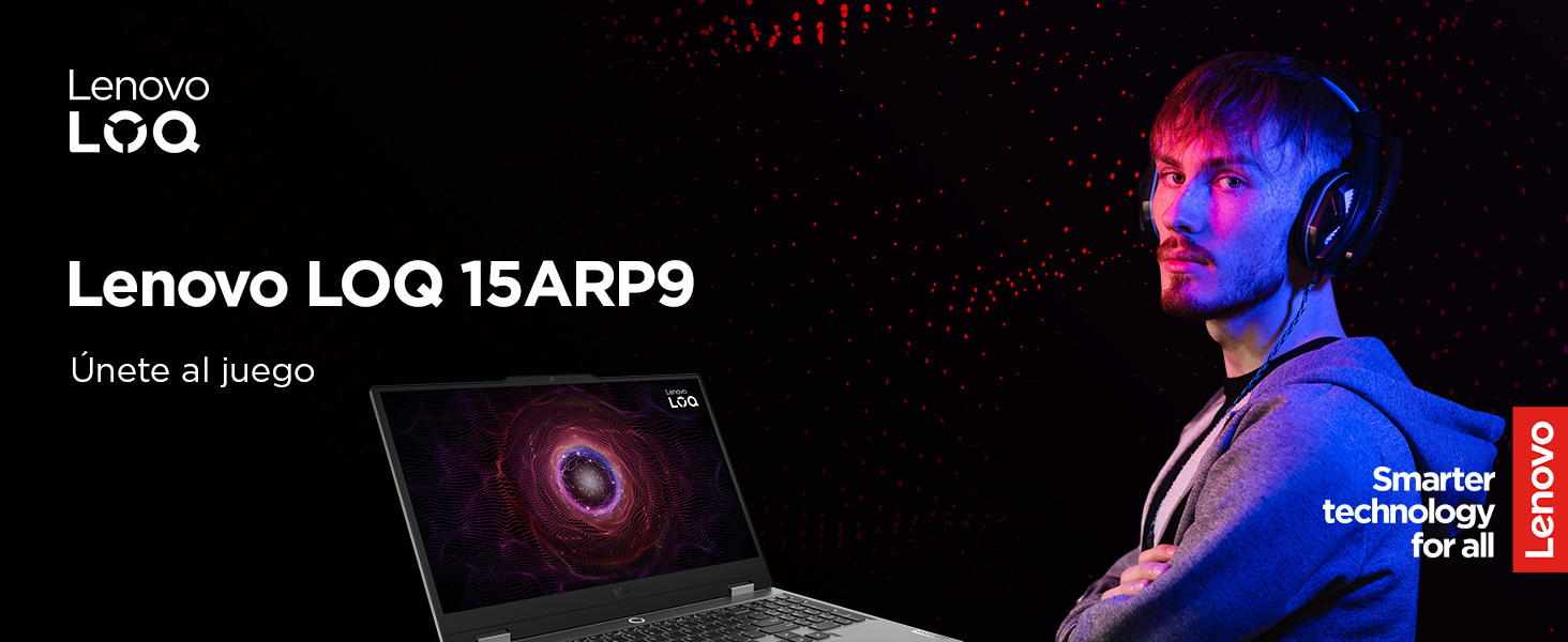Lenovo LOQ Gen 9 Imagen ordenador y usuario con headseat, rojo azul