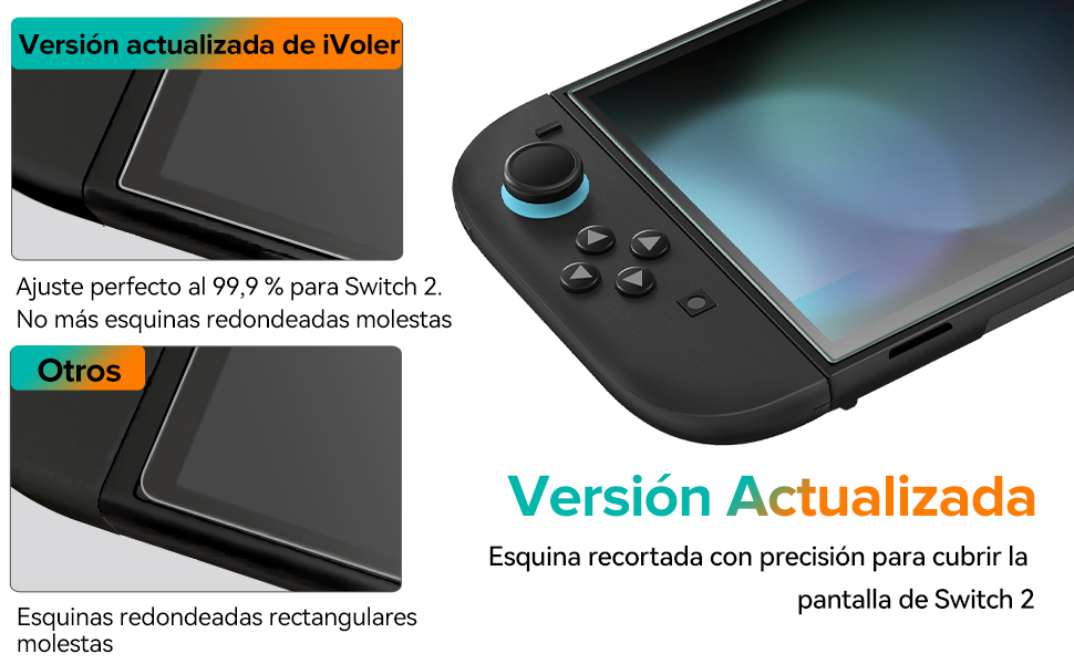 actualizado para Nintendo Switch OLED, con esquinas cortadas con precisión para adaptarse a la pantalla curva. La comparación muestra un mejor ajuste con respecto al diseño rectangular redondeado anterior.