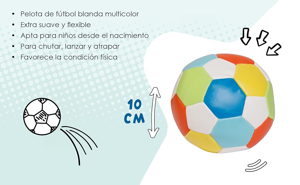 Diagrama del producto que muestra un balón de fútbol colorido con un indicador de medición de 10 cm y símbolos de movimiento que rebota.