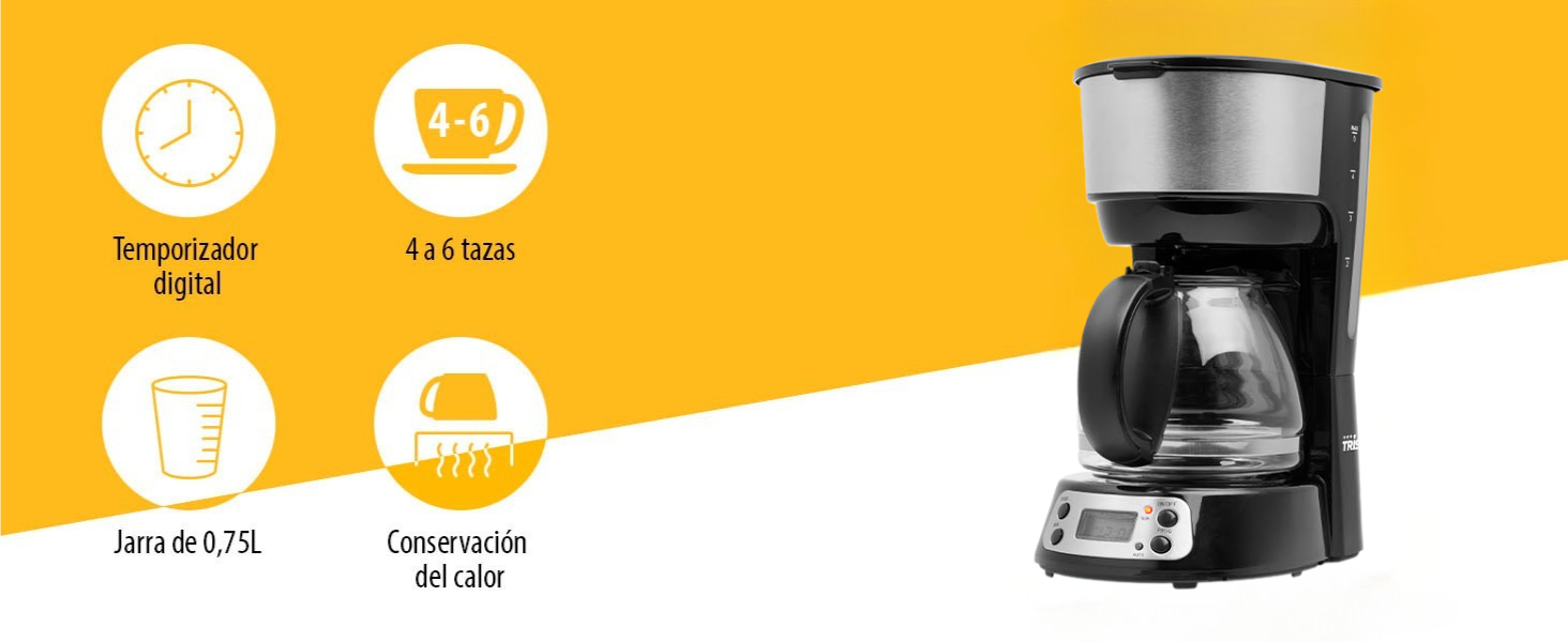 Cafetera Tristar con temporizador digital, jarra de 0,75L para 4-6 tazas y función de calor