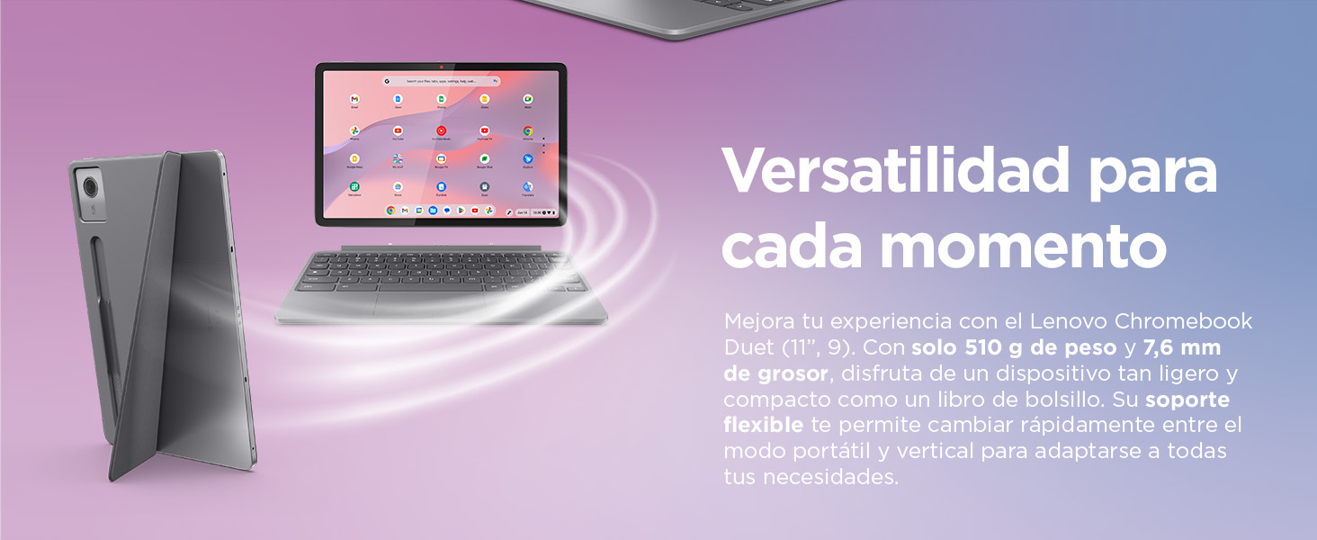 Lenovo Chromebook Duet 11 Gen 9 - Imagen frontal Ordenador y lateral de soporte