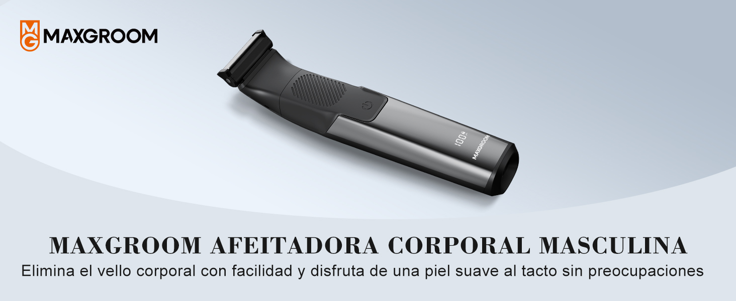 Serie de imágenes de productos que muestran un dispositivo portátil negro con la marca «MAXGROOM» visible.