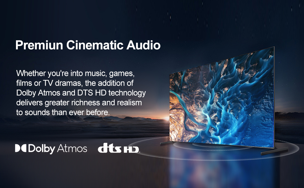 Banner de marketing para la tecnología de audio Dolby Atmos con efectos de iluminación azul y texto promocional sobre la calidad del sonido cinematográfico.