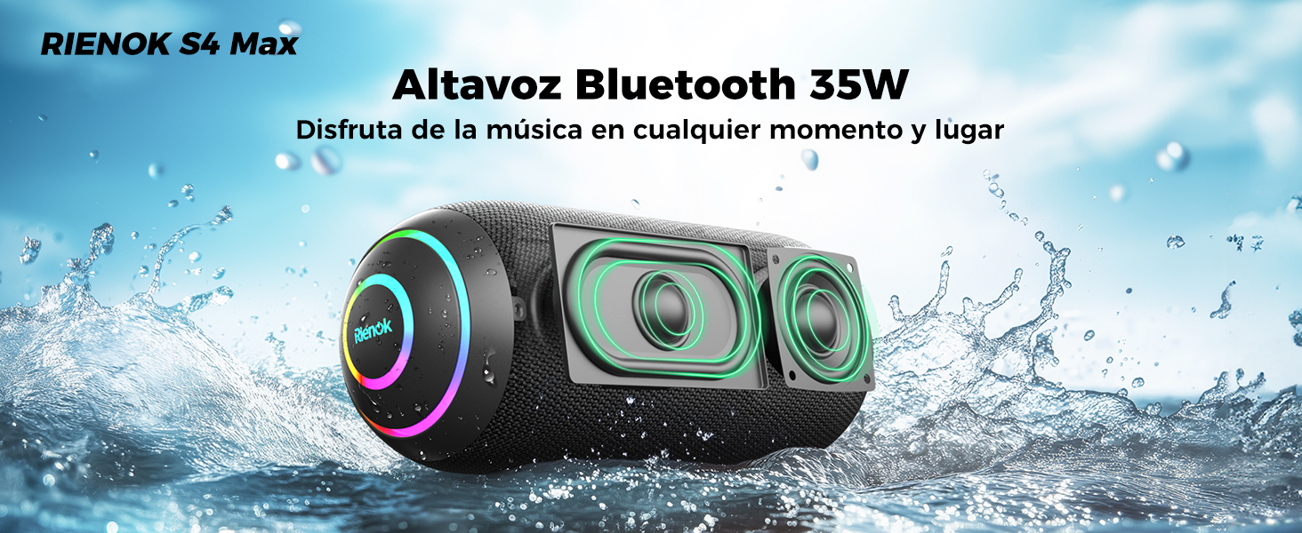 Rienok S4 Max con salida de 35 W. Dispositivo negro resistente al agua con luces LED de colores, altavoces duales y un fondo que salpica agua, lo que enfatiza su durabilidad y capacidades