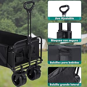 Carro de Mano de TLV, Plegable para Jardín Casa Almacén Playa con 4 Ruedas y Bolsa, vista general.