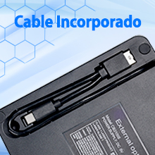 Primer plano de un dispositivo electrónico negro con un cable integrado. El texto dice «Cable incorporado» (Cable