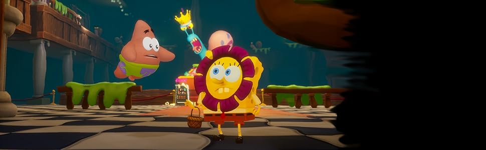 Bob Esponja vestido como una flor y un rey enojado Gary en la espalda, parece un problema