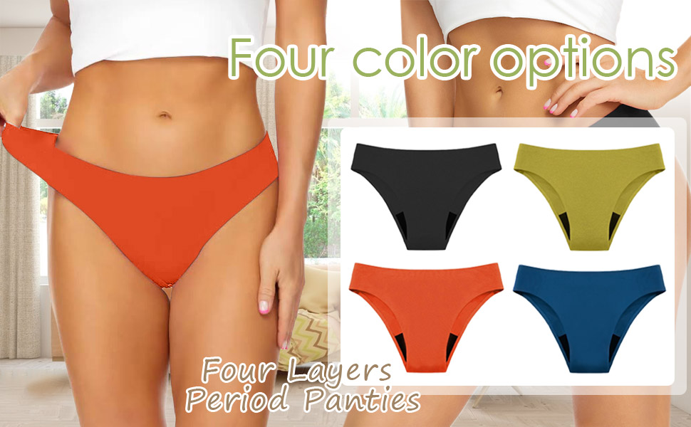 Muestra de cuatro braguitas de bikini en diferentes colores: naranja, negro, verde oliva y azul marino. El texto dice «Cuatro opciones de color»