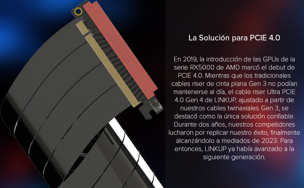 Componente informático o tarjeta gráfica con detalles en rojo, que se muestra sobre un fondo oscuro con texto en español sobre la tecnología PCIE 4.0