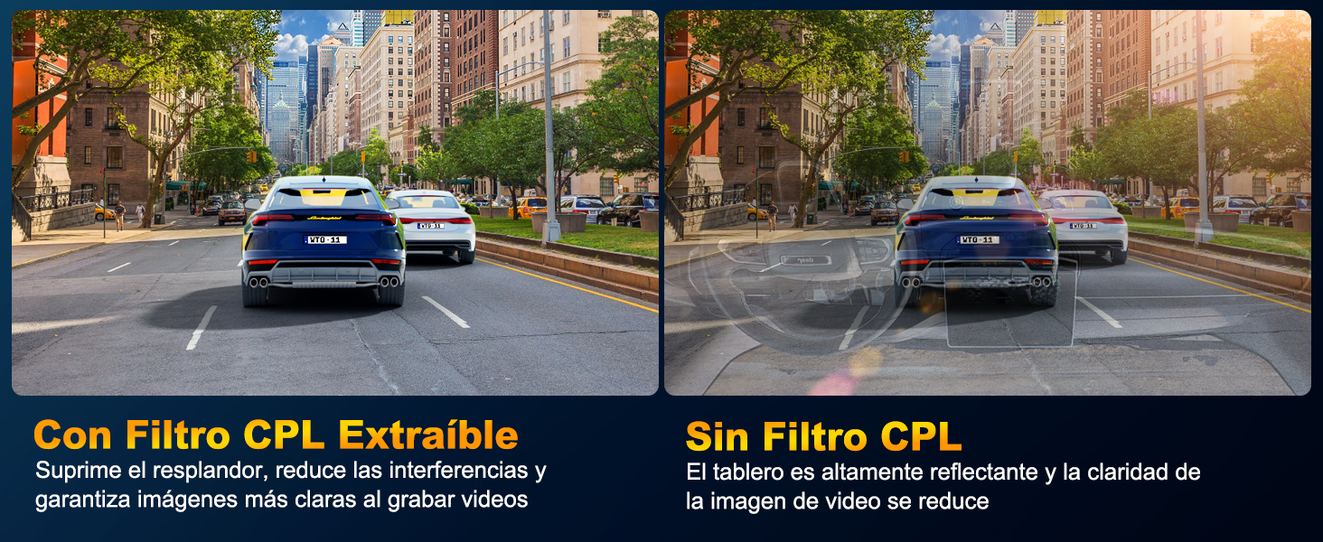 Comparación lado a lado que muestra una vista de la carretera a través del parabrisas de un automóvil: a la izquierda con el filtro CPL que muestra reflejos más claros, a la derecha sin filtro