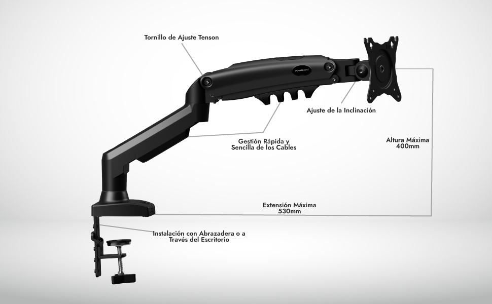 Arandela de sujeción Invision MX200 a través de la altura de extensión del escritorio.